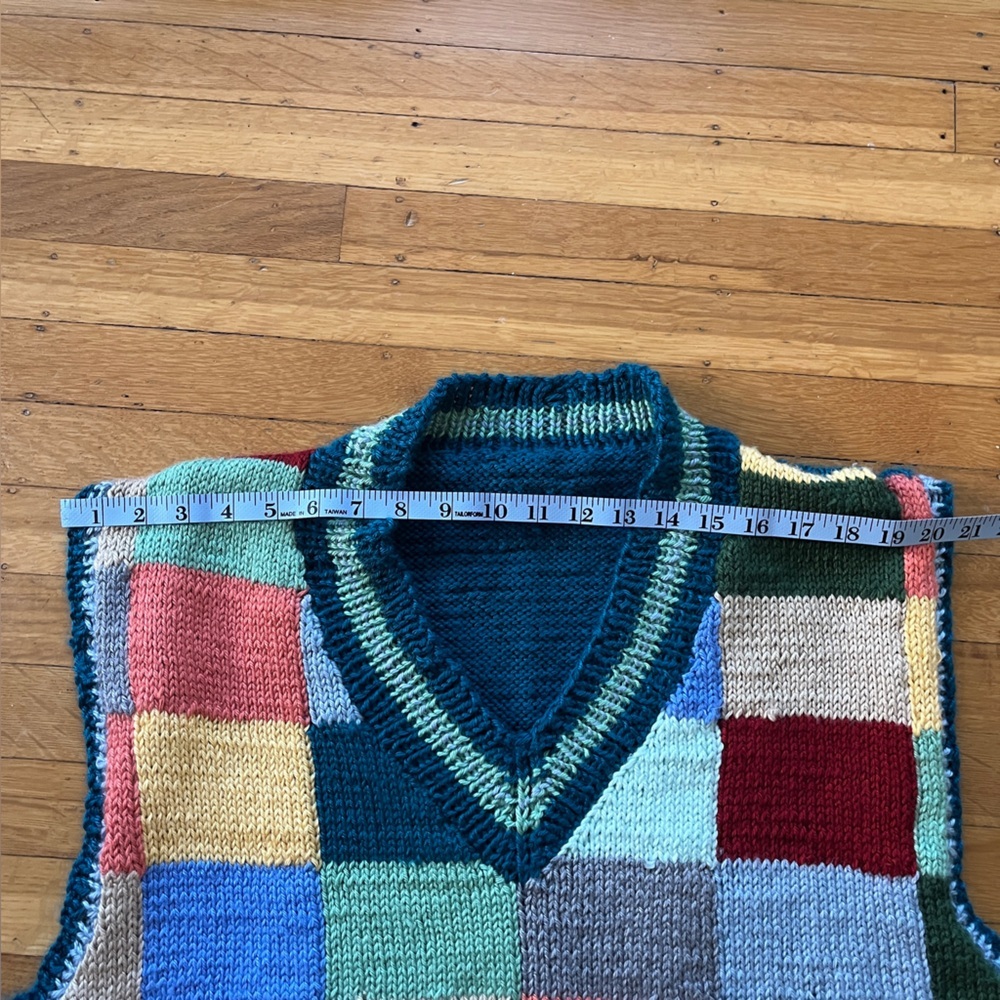 Handknit handmade colorful patchwork sweater vest eclectic grandpa plaid L XL M - Picture 6 of 11